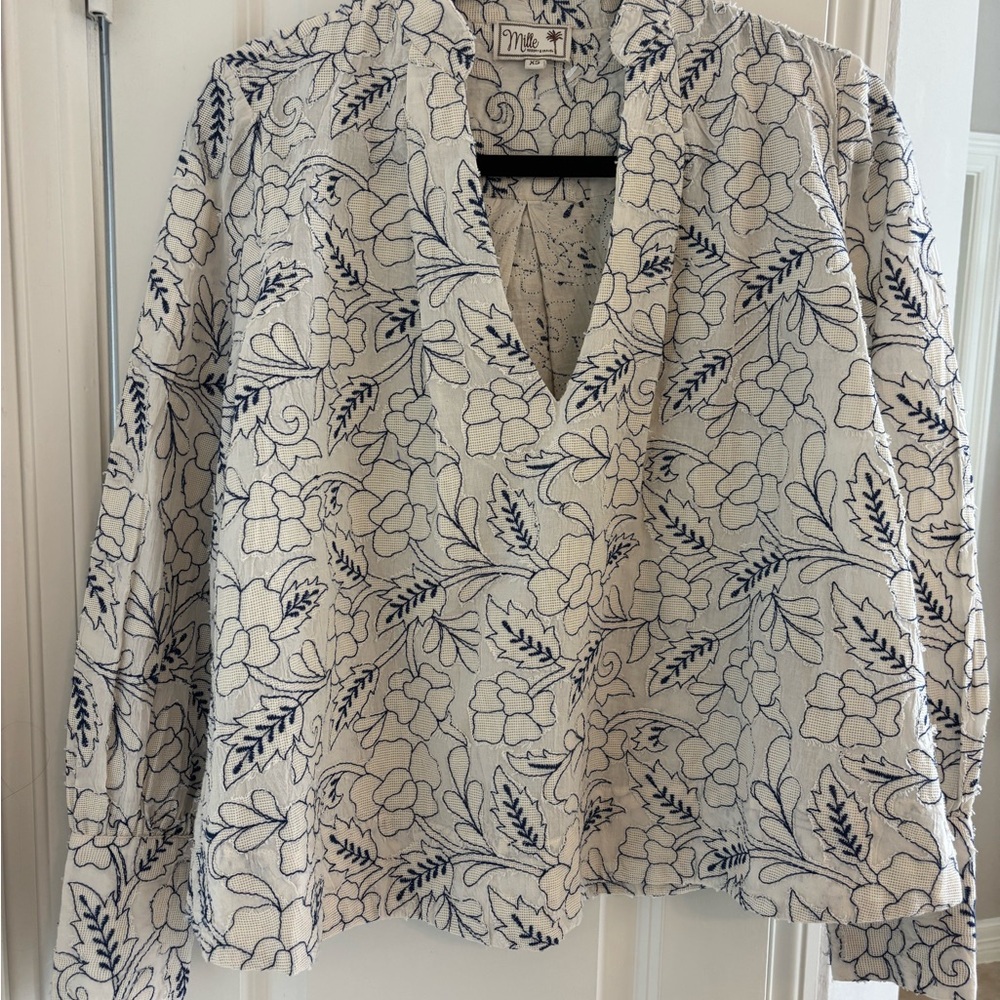 Mille Women's Blouse - White with Blue Floral Embroidery